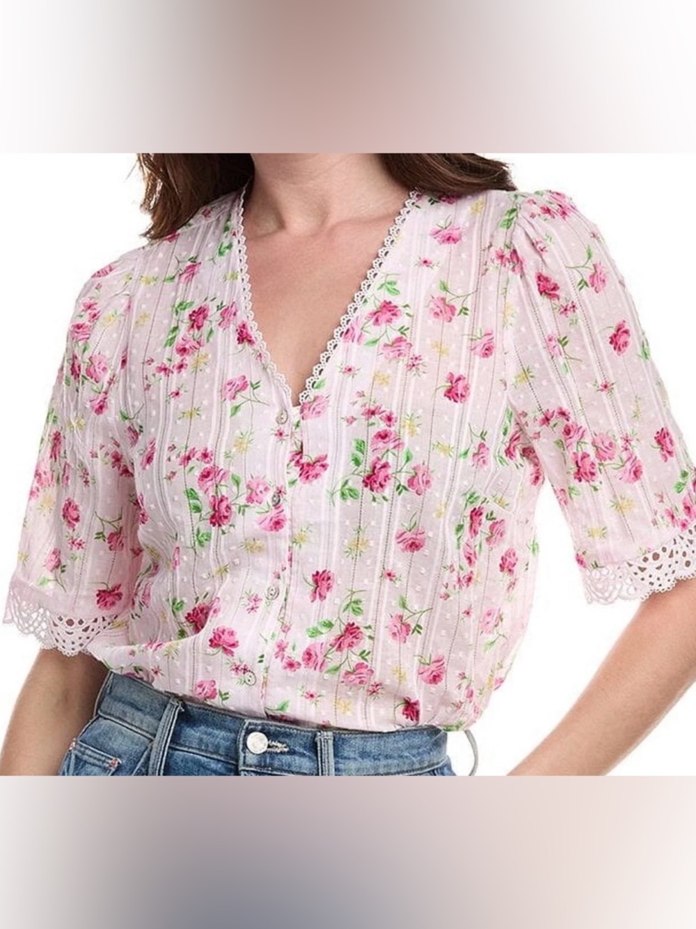 Nanette Lepore Pink Floral Lace Trim Button Front Blouse Size S